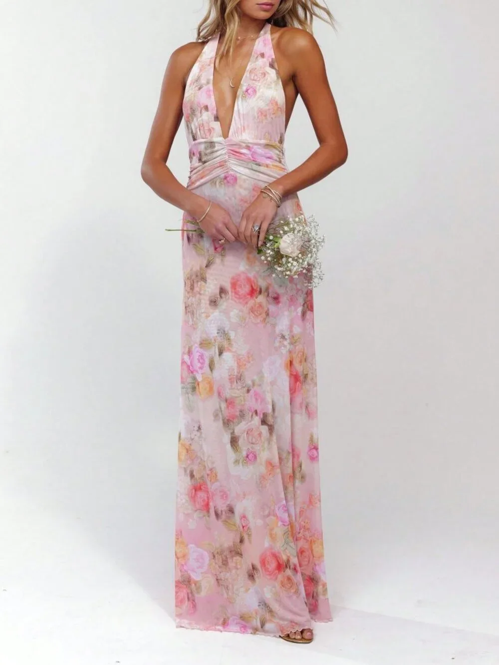 Pink Boho Women's Floral Print Halter Maxi Bodycon Dress